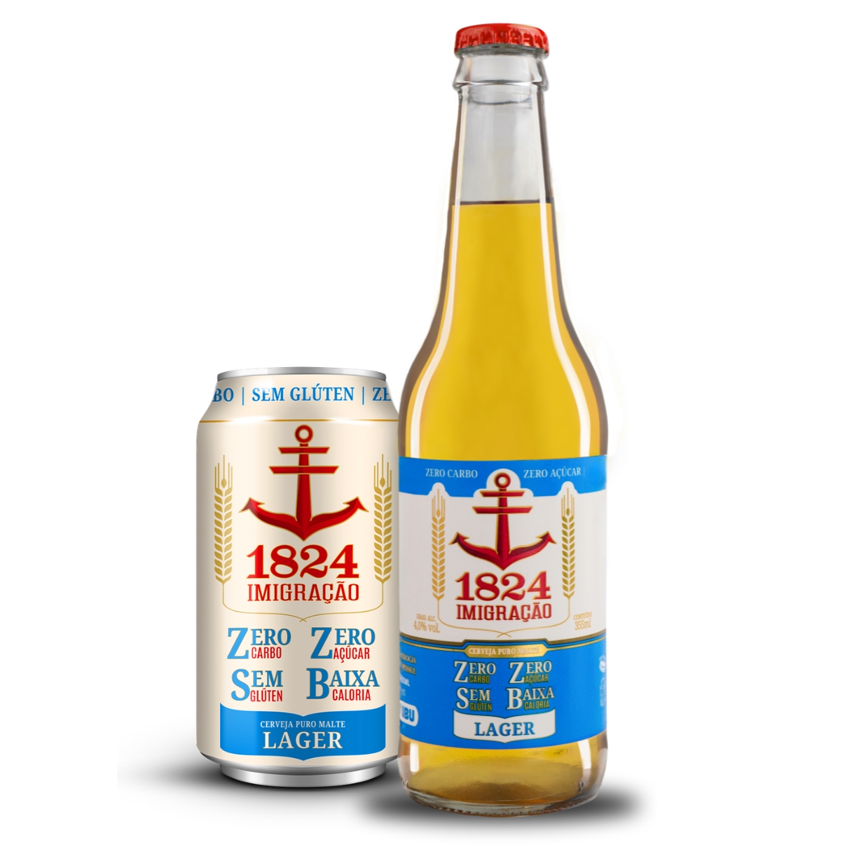 Lata e garrafa long neck Imigração Lager Zero Carbo — zero carboidrato, zero açúcar, sem glúten e baixa caloria